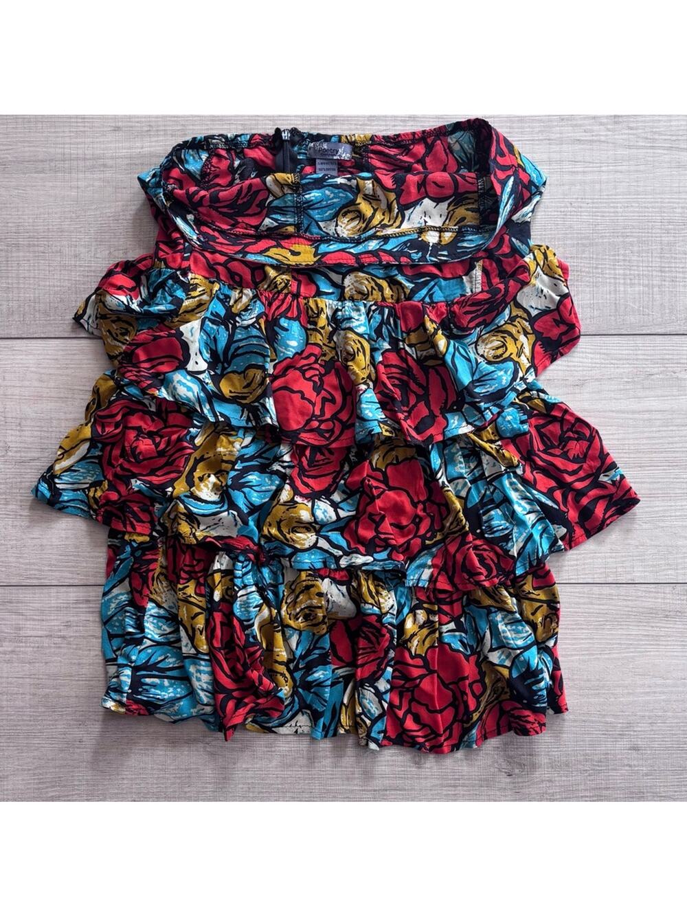 Poetry Floral Tiered Ruffle Mini Strapless Dress Vibrant Bold Multicolor | L